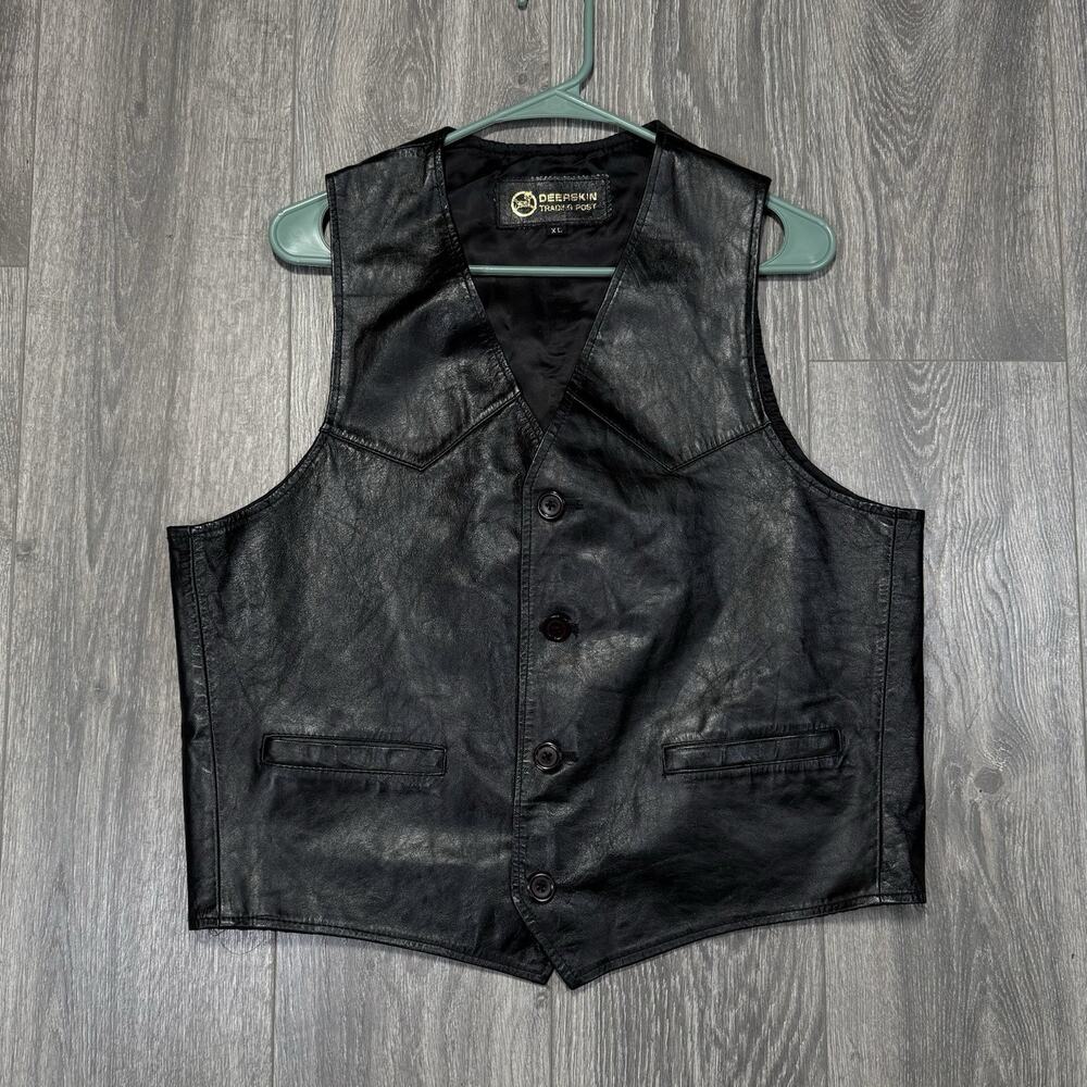 Deerskin Trading Post Black Leather Vest Mens XL Western Biker Genuine Classic
